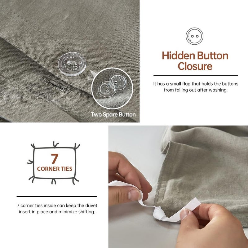 Simple&Opulence French Linen Duvet Cover Set 88" x 92"- 3 Pieces (1 Comforter Cover,2 Pillowcases)- Natural Flax Cotton Blend-Solid Color Breathable Farmhouse Bedding-Grey, Queen - Image 3